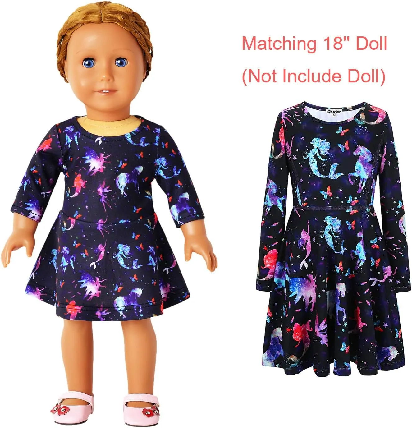 real Outfits Clothes Jxstar Girls&Doll Matching Dresses Long Sleeve Unicorn Mermaid 
