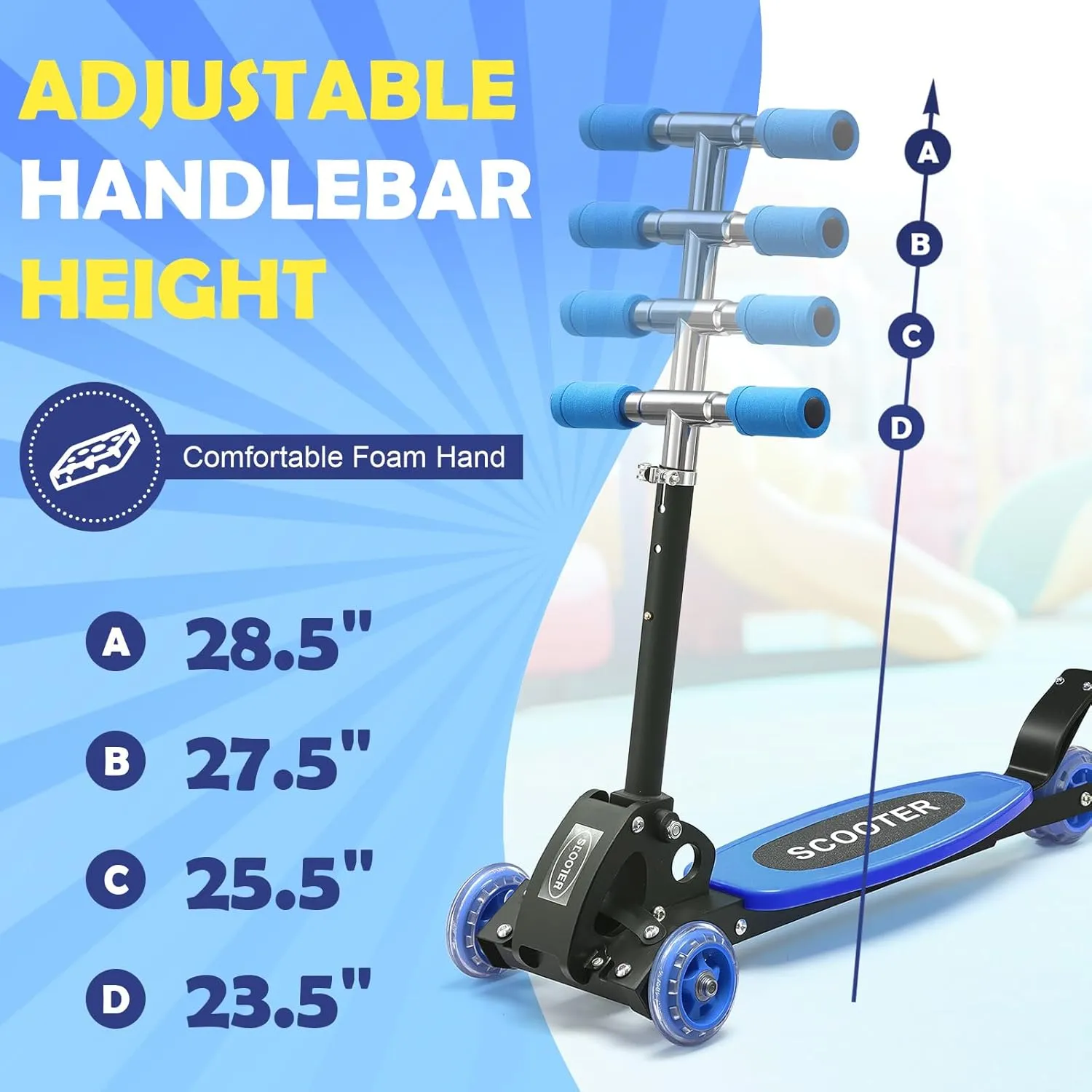 Rear Brake Widen Anti-Slip Deck 3 Wheel Scooters for Kids 2-5 Years$ 4 Adjustable Heights Foldable Metal Toddler Scooter pulse for Boys Girls Up to 120 lbs$ Lean-to-Steer$ Dual 