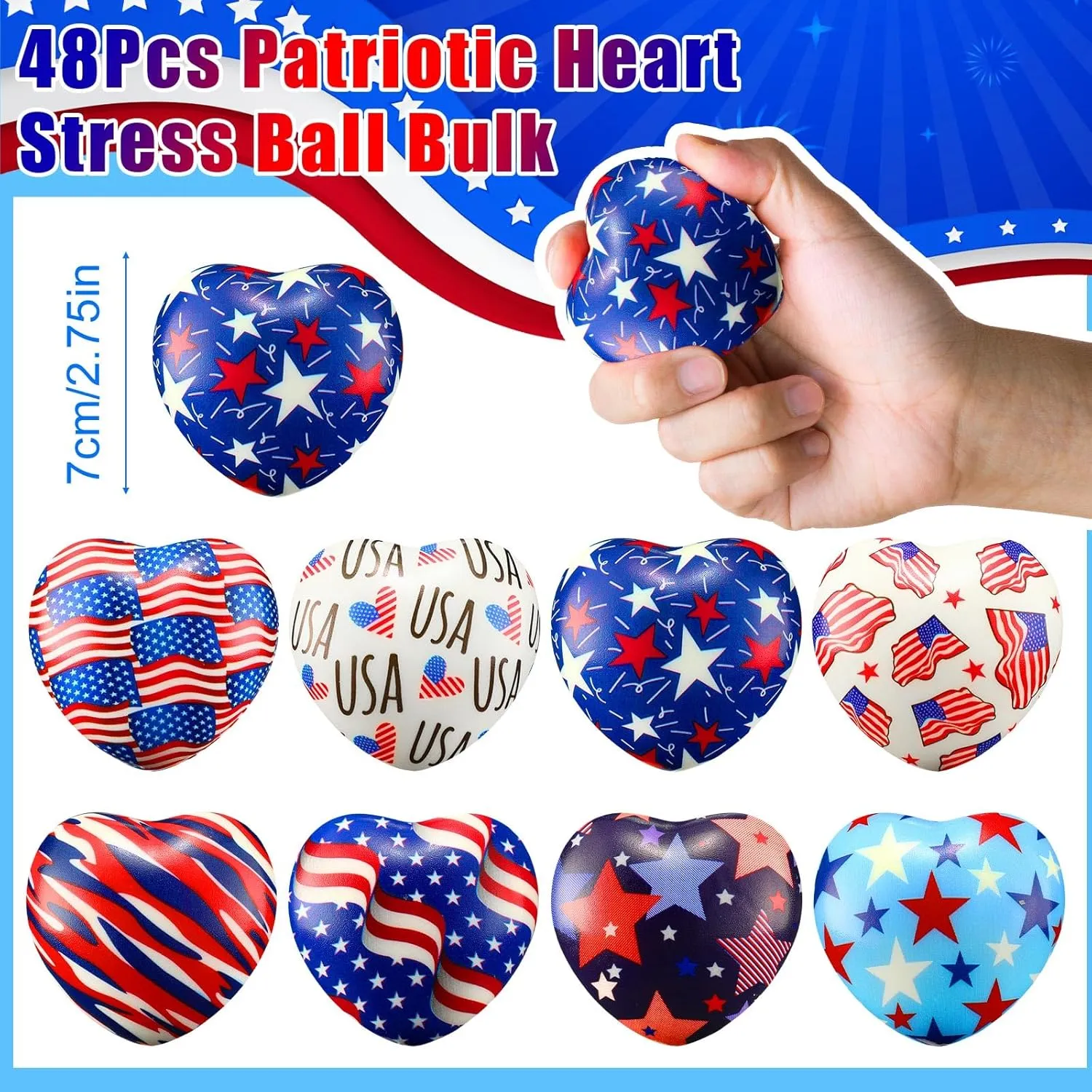 Relief Heart Gift Motivational Gift pertinent till eyeball sponge frighten audience for USA Carnival Party Supplies 48 Pcs 4th of July Stress Ball Bulk 2.75 Inch Patriotic Heart Stress Ball Independence Day Mini Foam Toys Red White Blue 