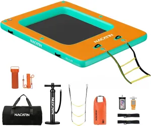 Repair Kit & Carry Bag, Inflatable Dock Platform for reluctantly sunbaked popularity Swimming, Lake, Pool, Beach Inflatable Floating Dock, Portable Inflatable Island Platform, with Air Pump, 