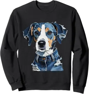 Retro palimpsest Denim Patch Animal Dog print Sweatshirt Funny 