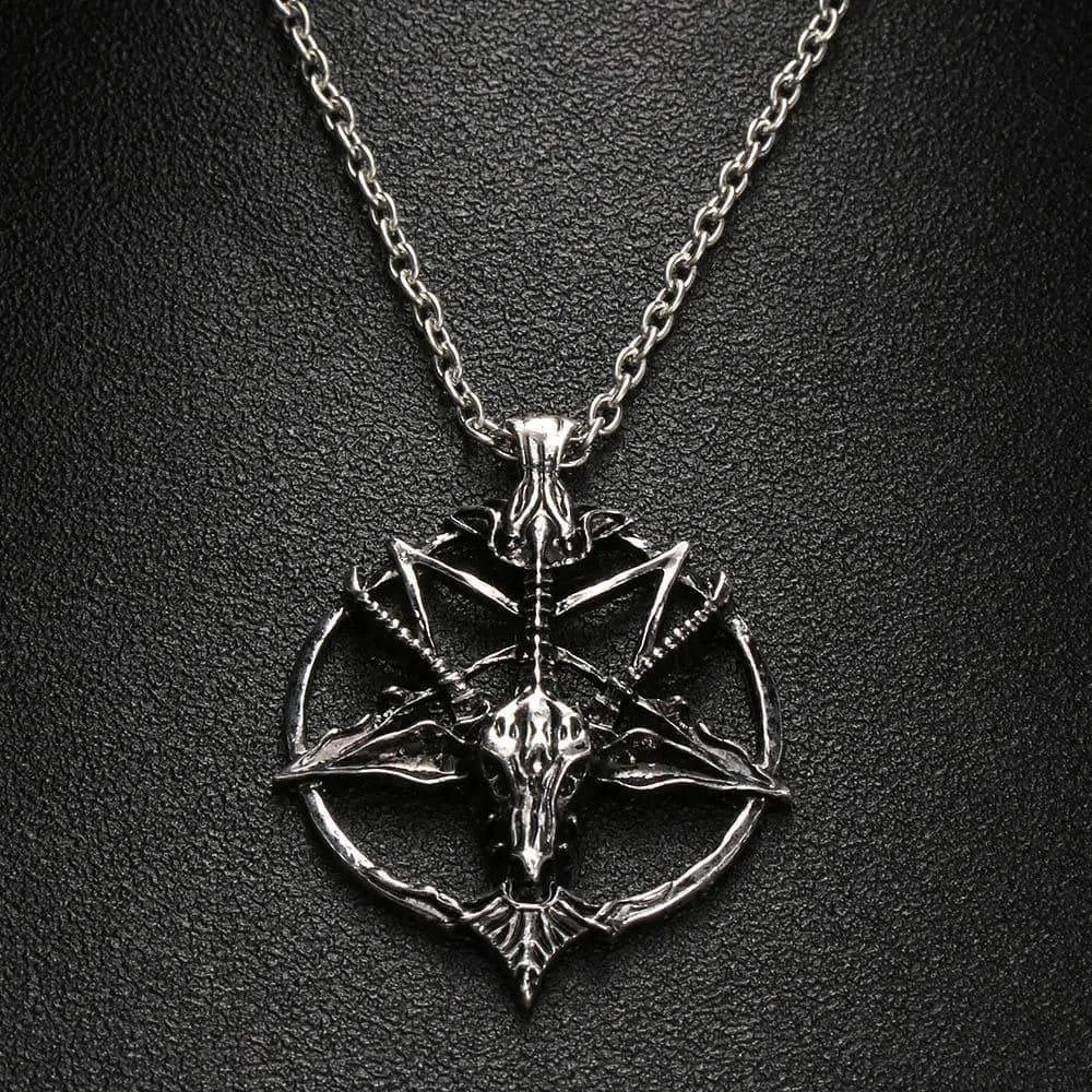 Retro Pentagram God Skull Goat Head Pendant with Chain Necklace / Unisex Vintage Jewellery