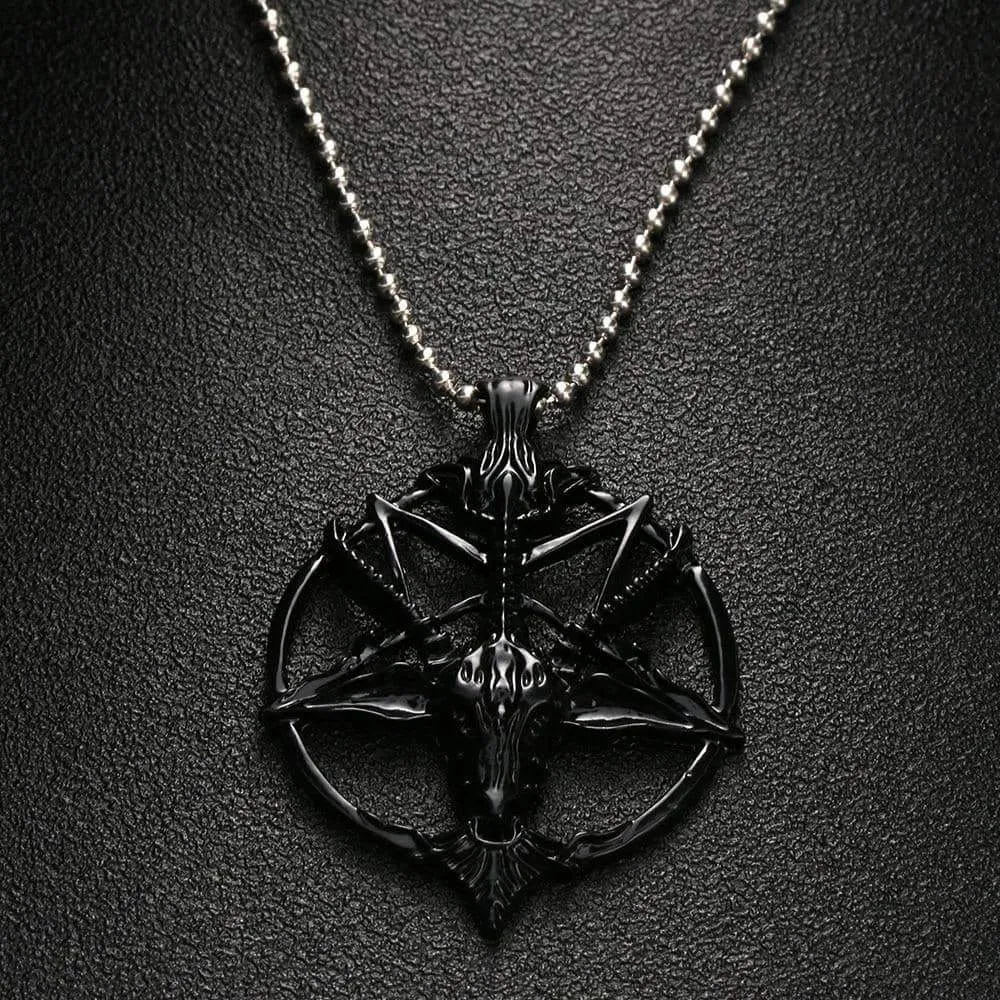 Retro Pentagram God Skull Goat Head Pendant with Chain Necklace / Unisex Vintage Jewellery