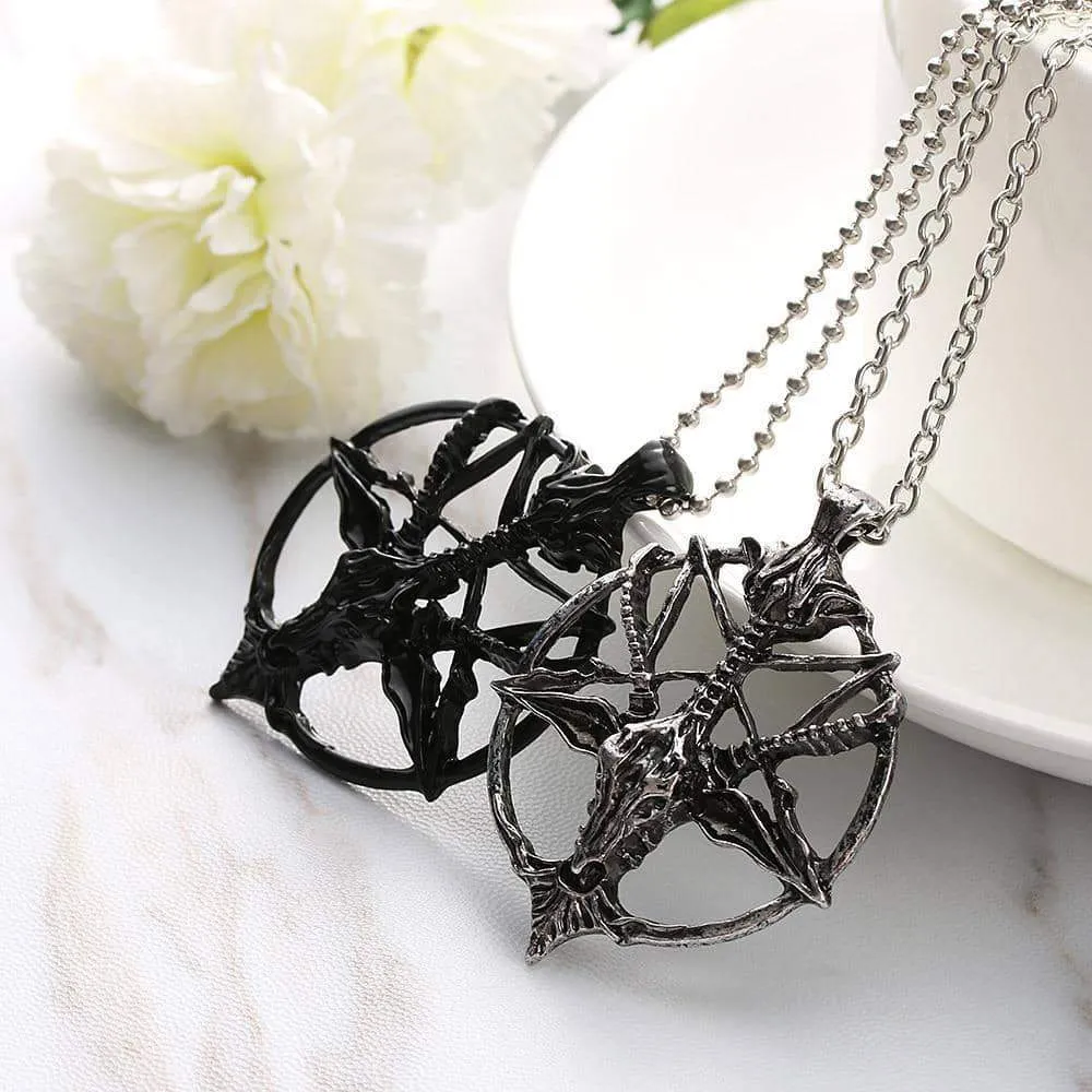 Retro Pentagram God Skull Goat Head Pendant with Chain Necklace / Unisex Vintage Jewellery