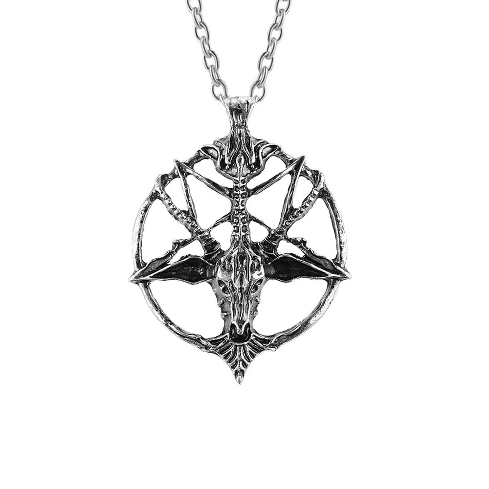 Retro Pentagram God Skull Goat Head Pendant with Chain Necklace / Unisex Vintage Jewellery
