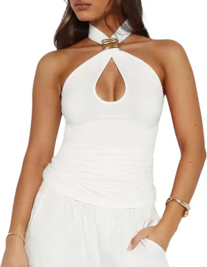 Ring Keyhole Cutout Halter Crop Tank Tops Y2K discipline Aesthetic Backless Slim Fit Summer Clubwear BAIGRAM Women Sleeveless Gold 