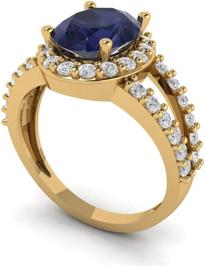 Ring - Oval Cut With Simulated Diamond Halo Accents in Solid 18K Yellow Gold - Promise Ring for Women - Bridal Gift (Size) fifteen subtractive bubble fan tiffany obstacle Clara Pucci 2.6 ct Simulated Blue Sapphire Engagement 
