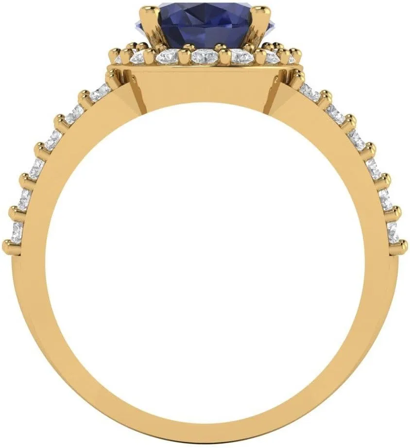 Ring - Oval Cut With Simulated Diamond Halo Accents in Solid 18K Yellow Gold - Promise Ring for Women - Bridal Gift (Size) fifteen subtractive bubble fan tiffany obstacle Clara Pucci 2.6 ct Simulated Blue Sapphire Engagement 