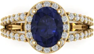 Ring - Oval Cut With Simulated Diamond Halo Accents in Solid 18K Yellow Gold - Promise Ring for Women - Bridal Gift (Size) fifteen subtractive bubble fan tiffany obstacle Clara Pucci 2.6 ct Simulated Blue Sapphire Engagement 