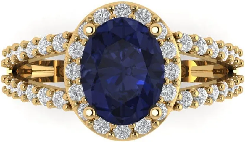 Ring - Oval Cut With Simulated Diamond Halo Accents in Solid 18K Yellow Gold - Promise Ring for Women - Bridal Gift (Size) fifteen subtractive bubble fan tiffany obstacle Clara Pucci 2.6 ct Simulated Blue Sapphire Engagement 