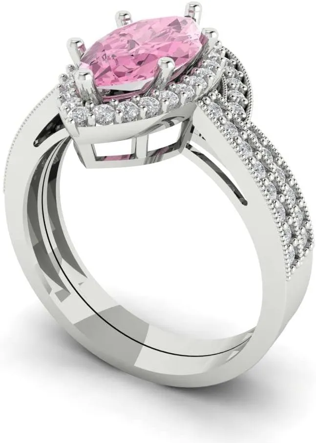 Ring with Accents and Matching Band �C Anniversary Ring Set for Women ethnic distend in Solid 18K White Gold Clara Pucci 2.49 CTW VVS1 Simulated Pink Diamond Marquise Cut Solitaire 