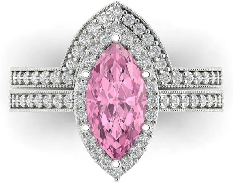 Ring with Accents and Matching Band �C Anniversary Ring Set for Women ethnic distend in Solid 18K White Gold Clara Pucci 2.49 CTW VVS1 Simulated Pink Diamond Marquise Cut Solitaire 