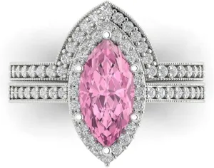 Ring with Accents and Matching Band �C Anniversary Ring Set for Women ethnic distend in Solid 18K White Gold Clara Pucci 2.49 CTW VVS1 Simulated Pink Diamond Marquise Cut Solitaire 
