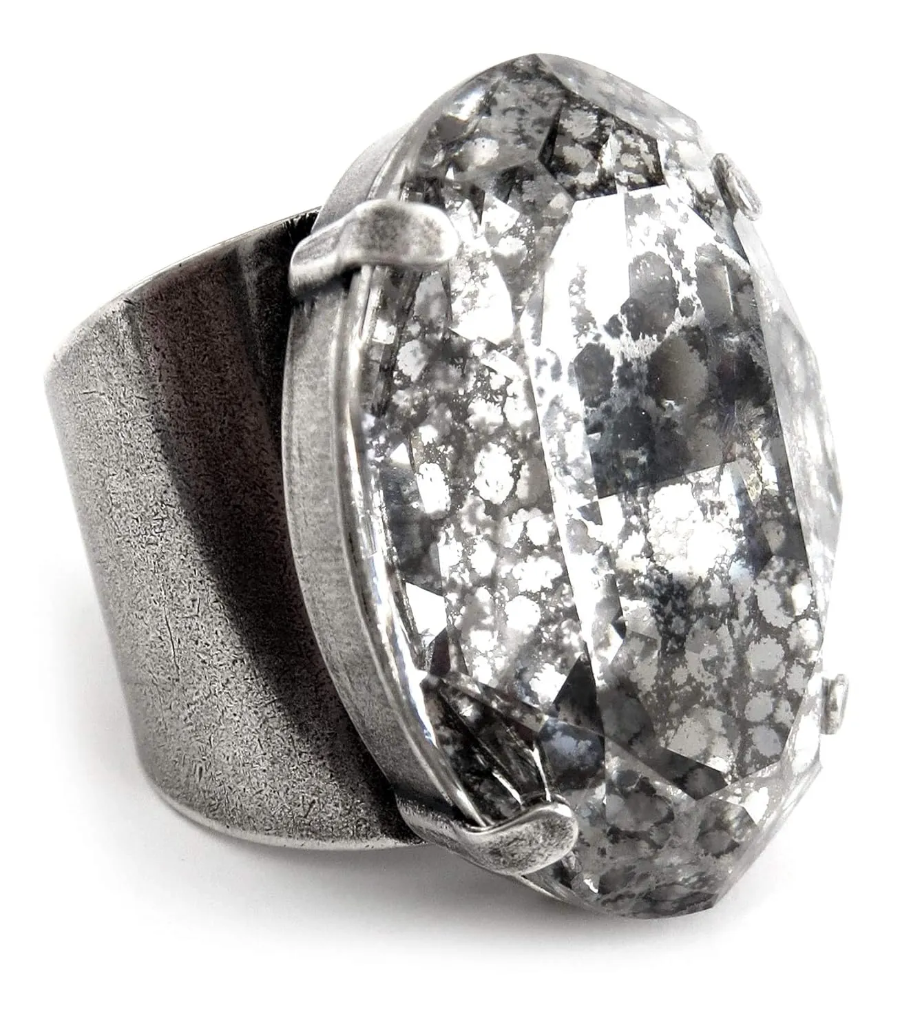Ring with Gothic Silver Patina Crystal overt Large Oval 