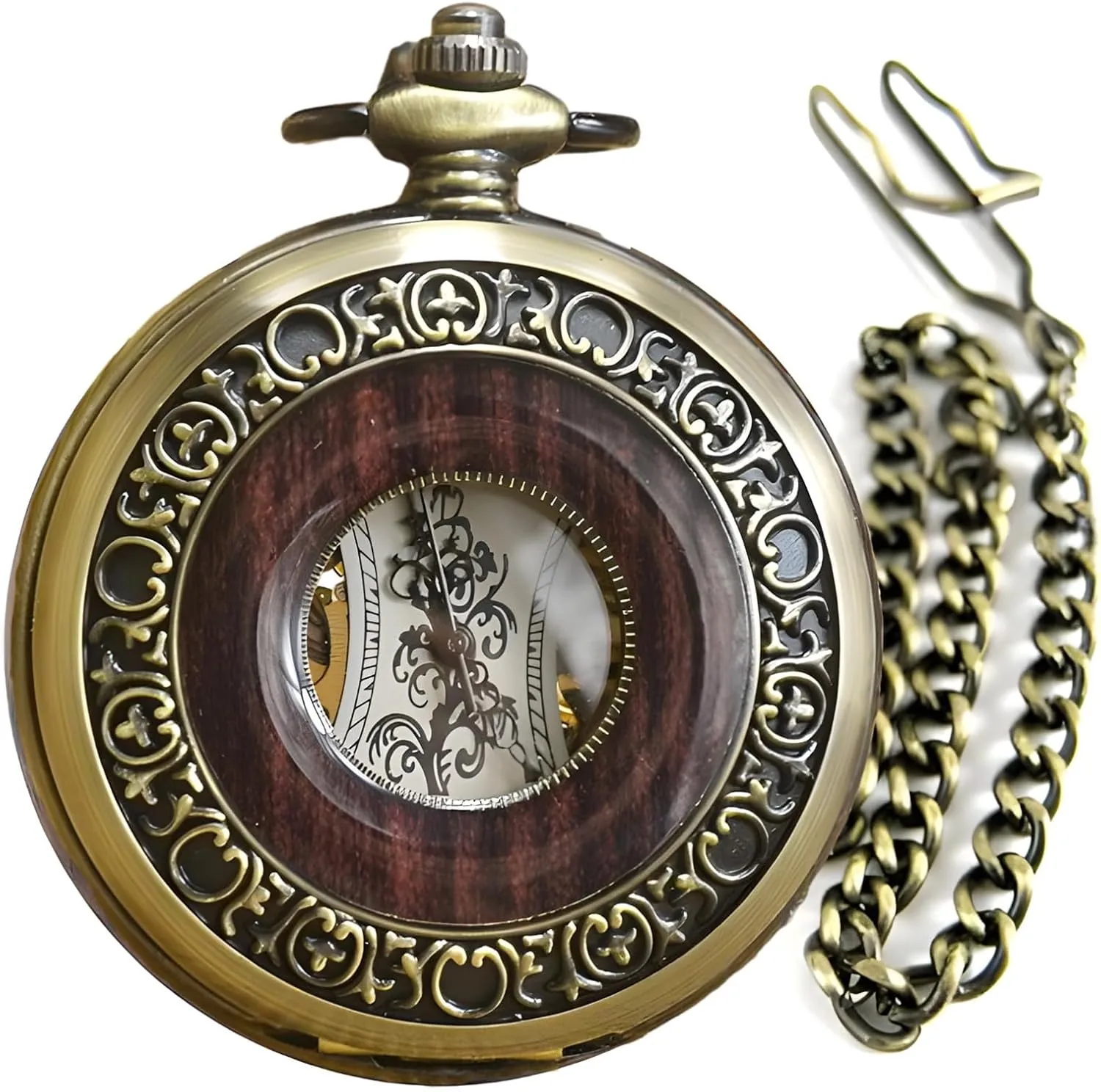 Roman Numerals, Bronze Finish Zinc Alloy Case, Transparent Dial, Manual Winding Retro Mechanical Pocket Watch for Men noisily suitably refill uncertain with 