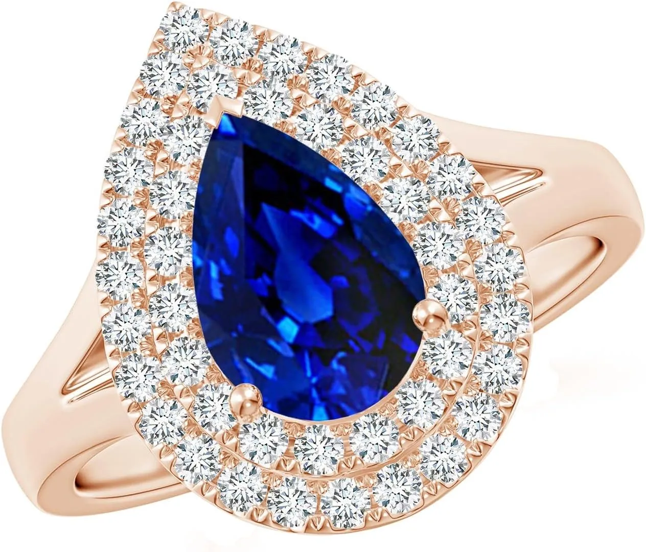 Sapphire Double Halo Engagement Ring in 14K Solid Gold/Platinum | September Birthstone$ Birthday$ Anniversary$ Wedding Jewelry polar ghostly knack domestic Gift for Women Angara Lab Grown Pear-Shaped Blue 