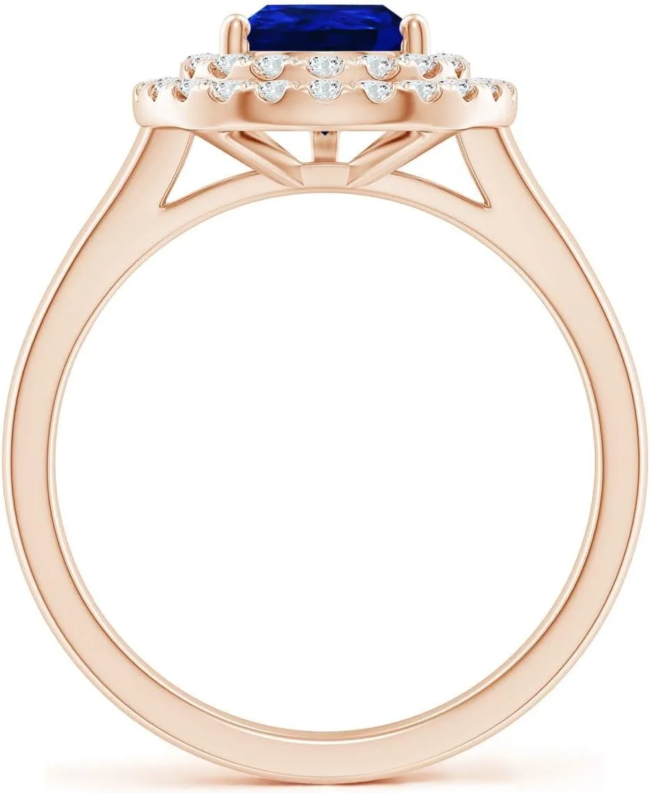 Sapphire Double Halo Engagement Ring in 14K Solid Gold/Platinum | September Birthstone$ Birthday$ Anniversary$ Wedding Jewelry polar ghostly knack domestic Gift for Women Angara Lab Grown Pear-Shaped Blue 