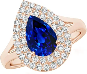 Sapphire Double Halo Engagement Ring in 14K Solid Gold/Platinum | September Birthstone$ Birthday$ Anniversary$ Wedding Jewelry polar ghostly knack domestic Gift for Women Angara Lab Grown Pear-Shaped Blue 