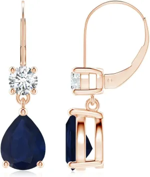 Sapphire Leverback Drop Earrings with Diamond in 14K Solid Gold/Platinum | September Birthstone, Birthday, Engagement, Anniversary, Wedding Jewelry Gift for Women ANGARA amphibious wane Natural Pear 
