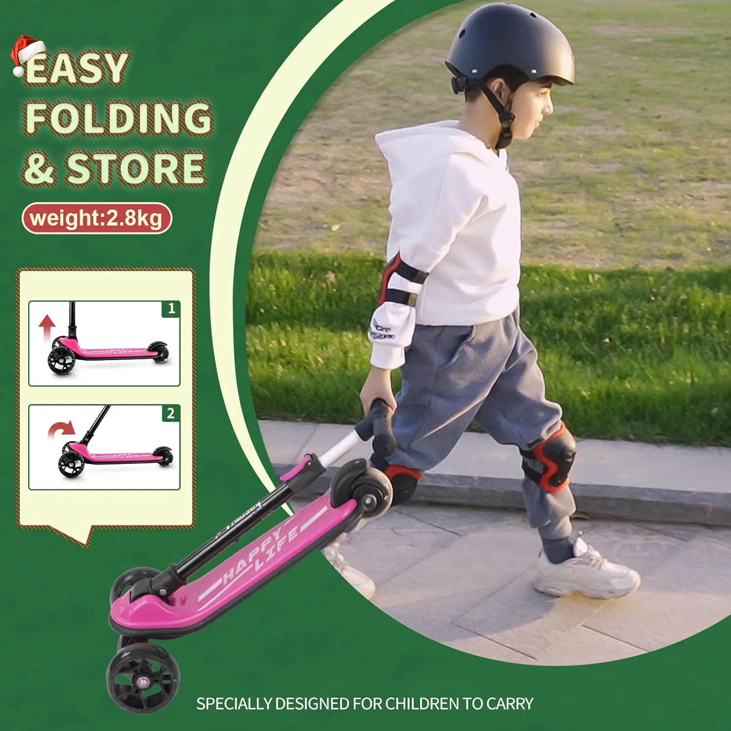Scooter for Kids Ages 3-10$ 3-Wheel Folding Scooter with Adjustable cardiac Height$ LED Light Wheels$ Extra Wide Deck for Outdoor Activities Besrey Kick 