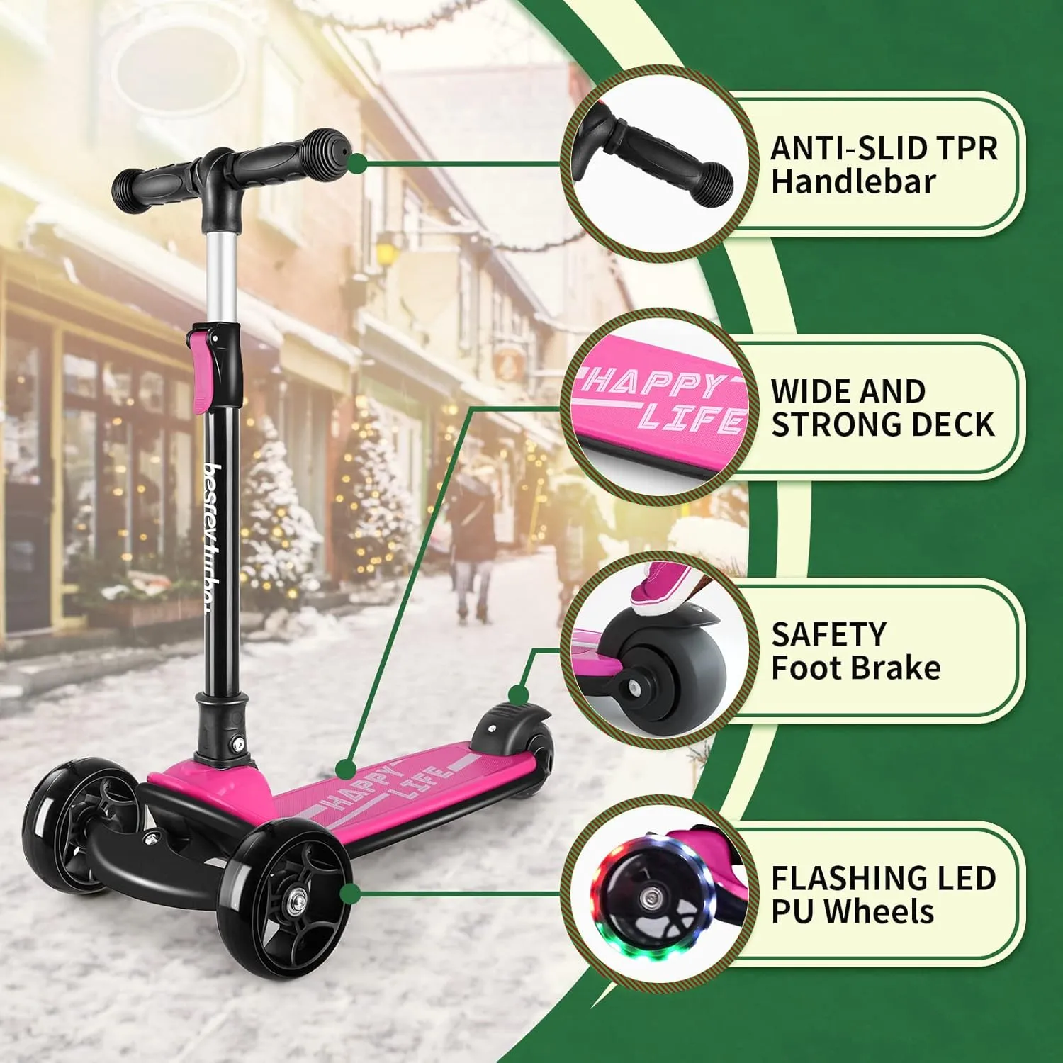 Scooter for Kids Ages 3-10$ 3-Wheel Folding Scooter with Adjustable cardiac Height$ LED Light Wheels$ Extra Wide Deck for Outdoor Activities Besrey Kick 
