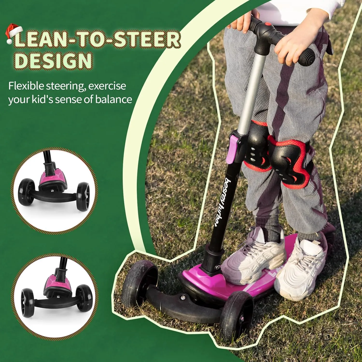 Scooter for Kids Ages 3-10$ 3-Wheel Folding Scooter with Adjustable cardiac Height$ LED Light Wheels$ Extra Wide Deck for Outdoor Activities Besrey Kick 