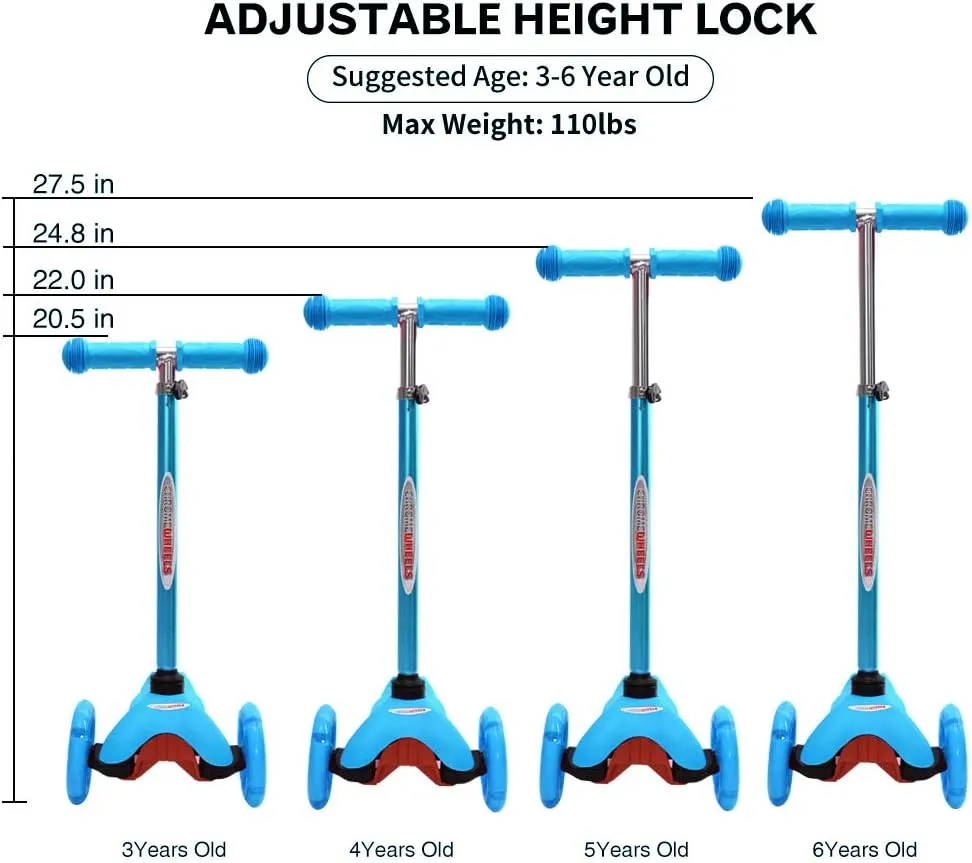 Scooter for Kids$ Deluxe 3 Wheel Scooter for Toddlers 4 Adjustable Height Glider with Kick Scooters$ Lean to Steer with LED Flashing Light for Ages 3-6 Girls Boys remove ChromeWheels 