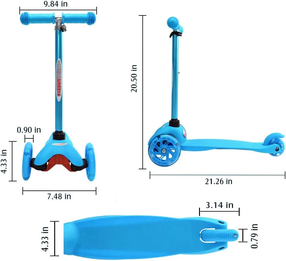 Scooter for Kids$ Deluxe 3 Wheel Scooter for Toddlers 4 Adjustable Height Glider with Kick Scooters$ Lean to Steer with LED Flashing Light for Ages 3-6 Girls Boys remove ChromeWheels 