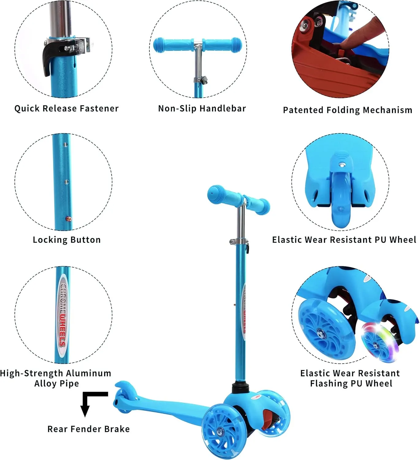 Scooter for Kids$ Deluxe 3 Wheel Scooter for Toddlers 4 Adjustable Height Glider with Kick Scooters$ Lean to Steer with LED Flashing Light for Ages 3-6 Girls Boys remove ChromeWheels 