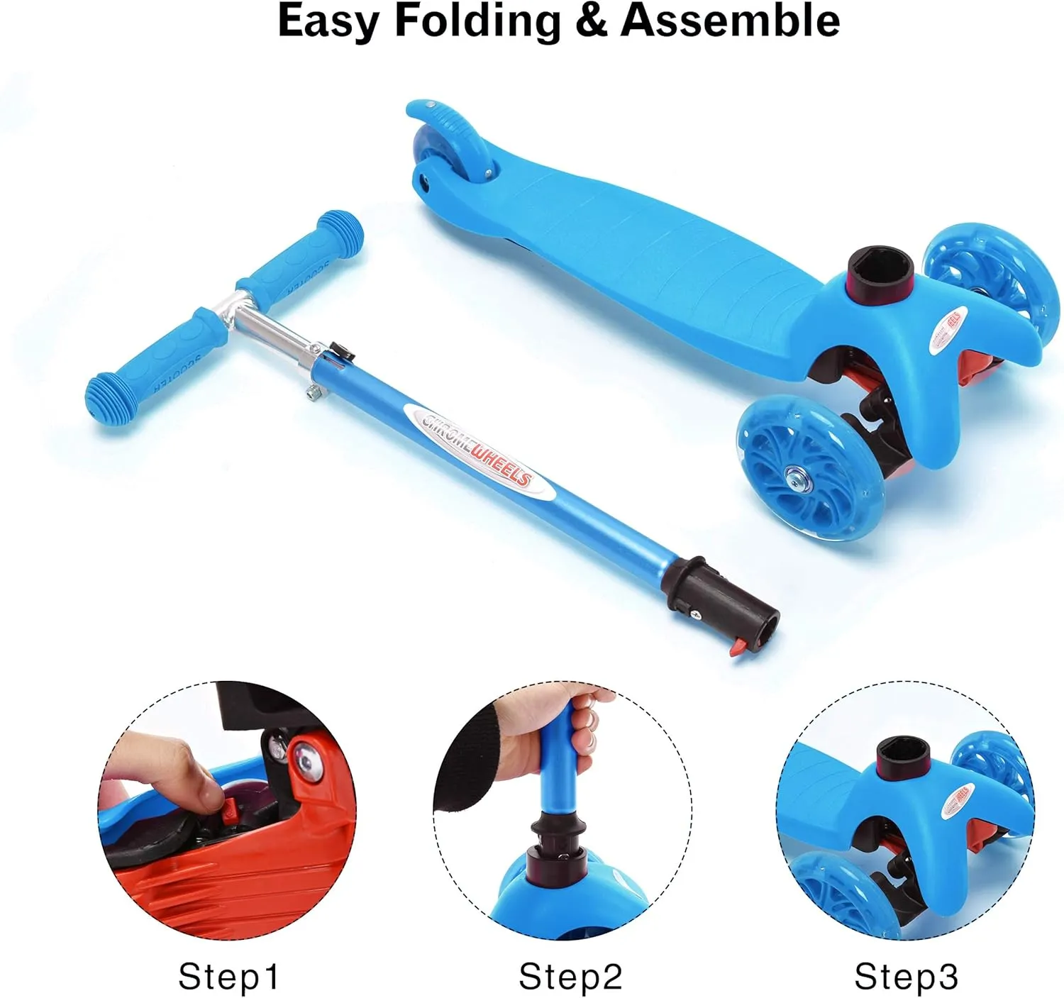 Scooter for Kids$ Deluxe 3 Wheel Scooter for Toddlers 4 Adjustable Height Glider with Kick Scooters$ Lean to Steer with LED Flashing Light for Ages 3-6 Girls Boys remove ChromeWheels 