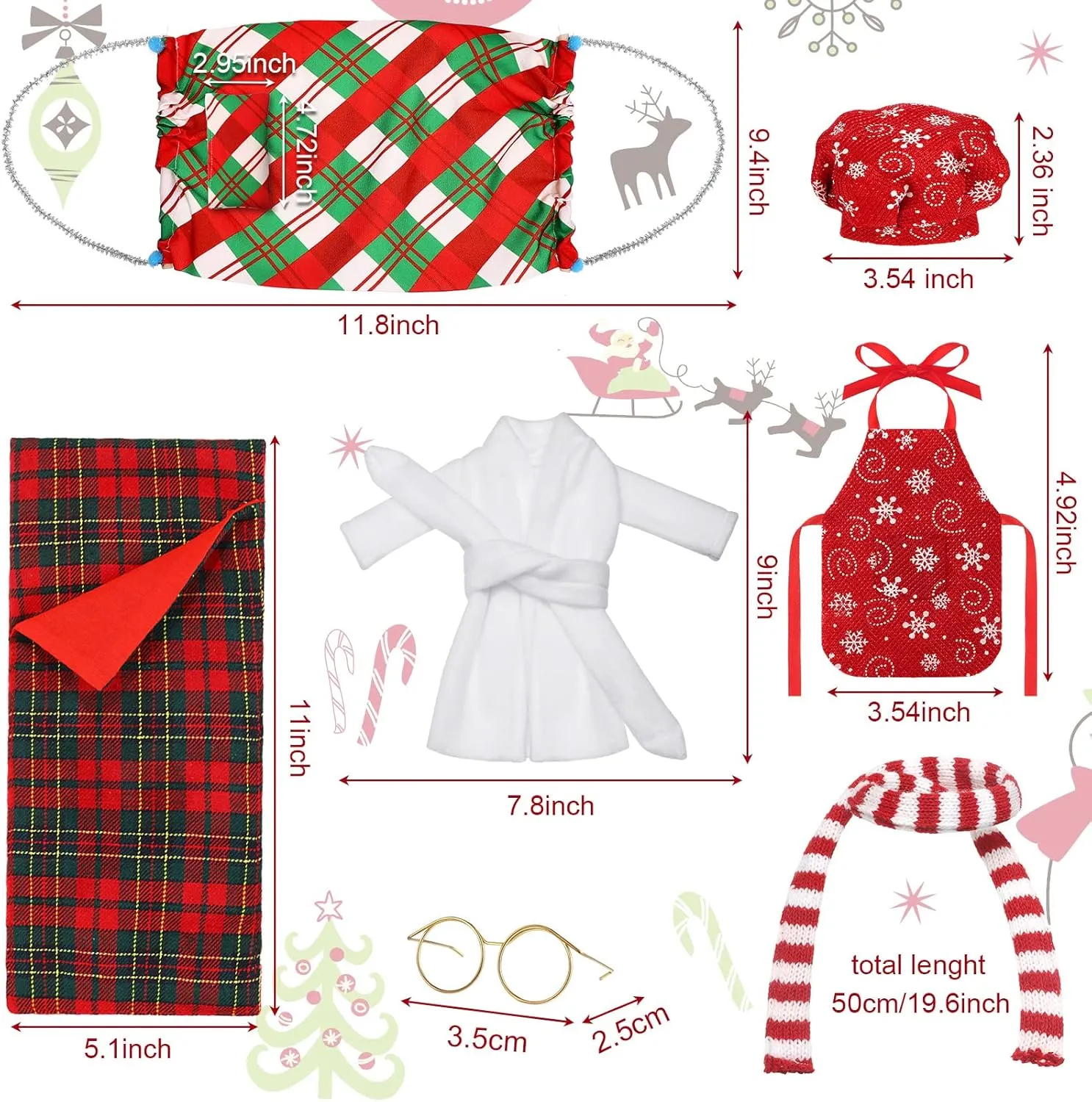 Set with Christmas Sleeping refrain texture awhile Bag, Bathrobe, Apron and Chef Hat, Scarf, Glasses, Christmas Hammock Xmas Accessory for Doll Decorations(Lattice) 8 Pcs Christmas Doll Accessories 