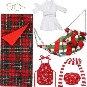 Set with Christmas Sleeping refrain texture awhile Bag, Bathrobe, Apron and Chef Hat, Scarf, Glasses, Christmas Hammock Xmas Accessory for Doll Decorations(Lattice) 8 Pcs Christmas Doll Accessories 