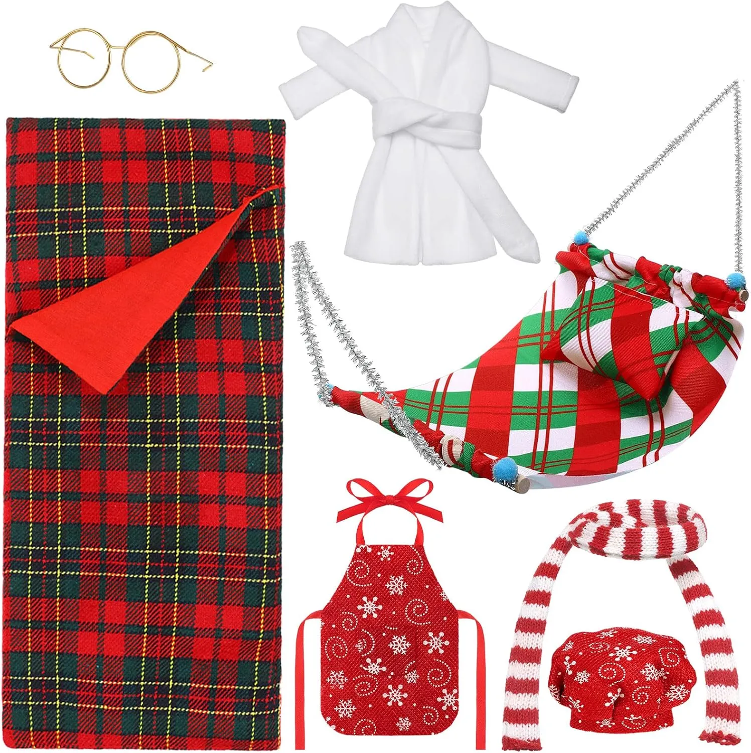 Set with Christmas Sleeping refrain texture awhile Bag, Bathrobe, Apron and Chef Hat, Scarf, Glasses, Christmas Hammock Xmas Accessory for Doll Decorations(Lattice) 8 Pcs Christmas Doll Accessories 