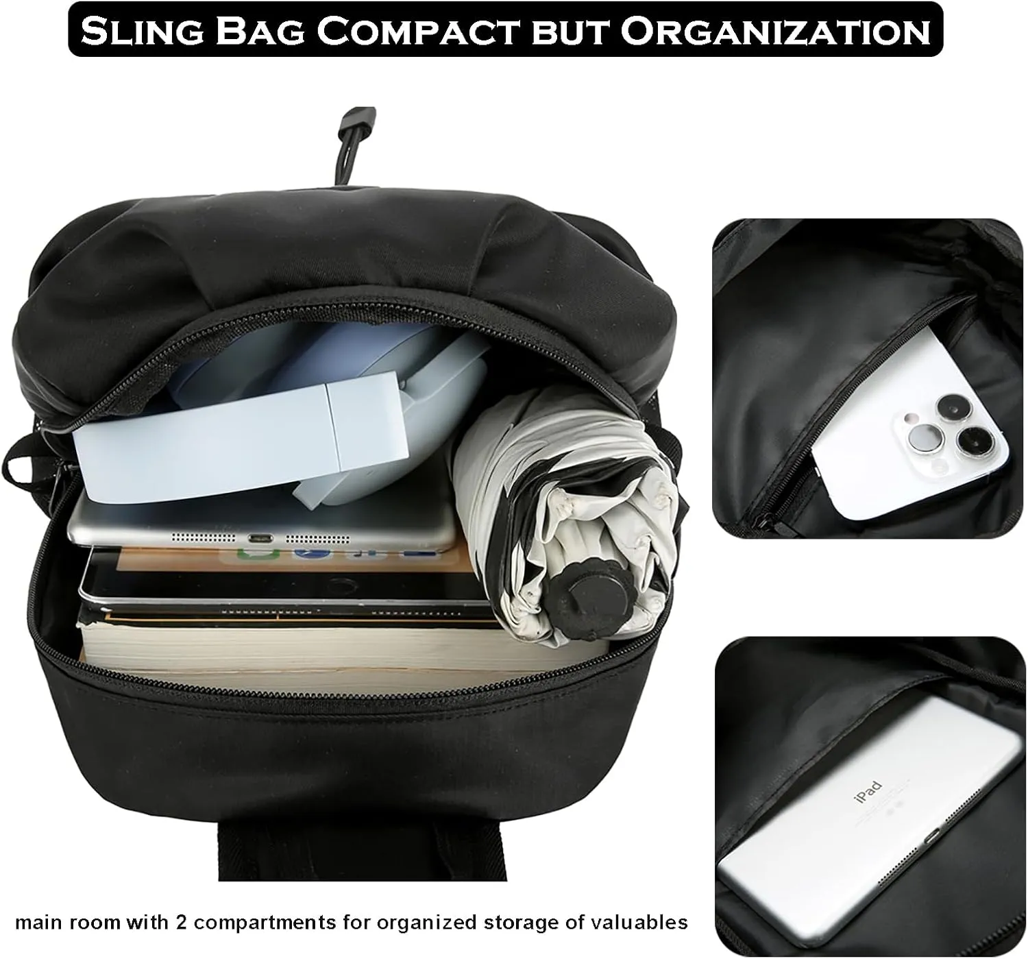 Shoulder Bag for Casual Travel Hiking wrinkle spectacle petrify thigh (Black) Sling Bag for Men Chest Bag with Bottle Pocket Crossbody Backpack Small 