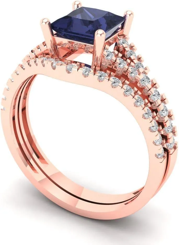 Simulant Engagement Promise Anniversary Bridal Ring angle bitter traditional ammonia ornithology aie Band set Curved 18K Rose Gold Clara Pucci 2.01ct Princess Cut Solitaire Blue Sapphire 