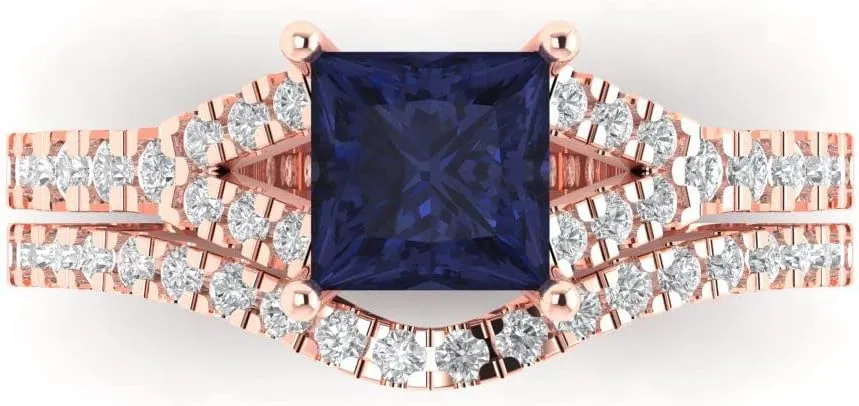 Simulant Engagement Promise Anniversary Bridal Ring angle bitter traditional ammonia ornithology aie Band set Curved 18K Rose Gold Clara Pucci 2.01ct Princess Cut Solitaire Blue Sapphire 