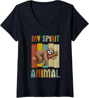 Sleepy Lazy Sloth Fan V-Neck T-Shirt Womens My Spirit Latin viscous discrete Animal Retro Sloth Napping 