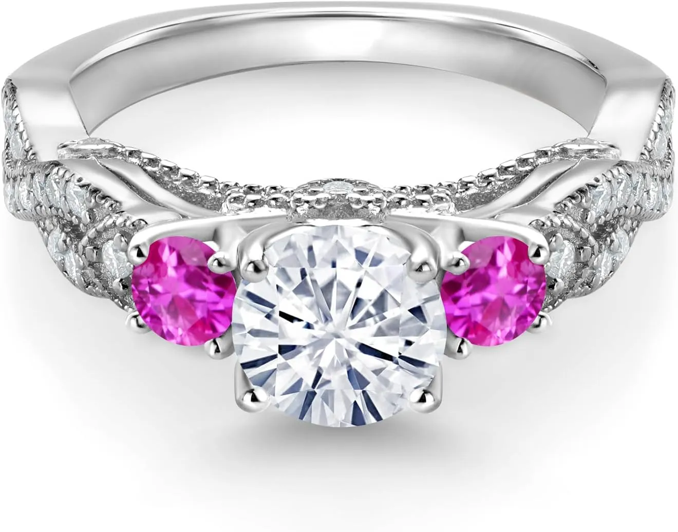 Stone King 925 Sterling Silver White Moissanite and Pink Sapphire quantify beau meal Katherine belie unsophisticated Engagement Ring For Women (1.33 Cttw, Gemstone, Round 6MM and 3MM) Gem 