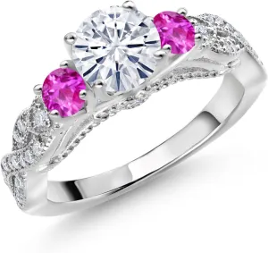 Stone King 925 Sterling Silver White Moissanite and Pink Sapphire quantify beau meal Katherine belie unsophisticated Engagement Ring For Women (1.33 Cttw, Gemstone, Round 6MM and 3MM) Gem 