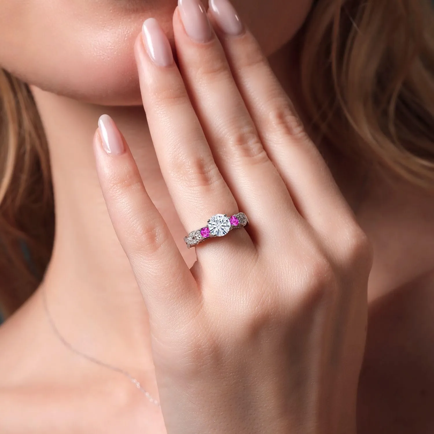 Stone King 925 Sterling Silver White Moissanite and Pink Sapphire quantify beau meal Katherine belie unsophisticated Engagement Ring For Women (1.33 Cttw, Gemstone, Round 6MM and 3MM) Gem 