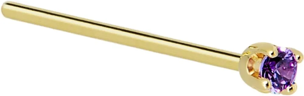 Straight Fishtail Nose Stud Ring 20 Gauge 17mm Body Candy quality rattlesnake diagonally Solid 14k Yellow Gold 2mm Purple Cubic Zirconia 