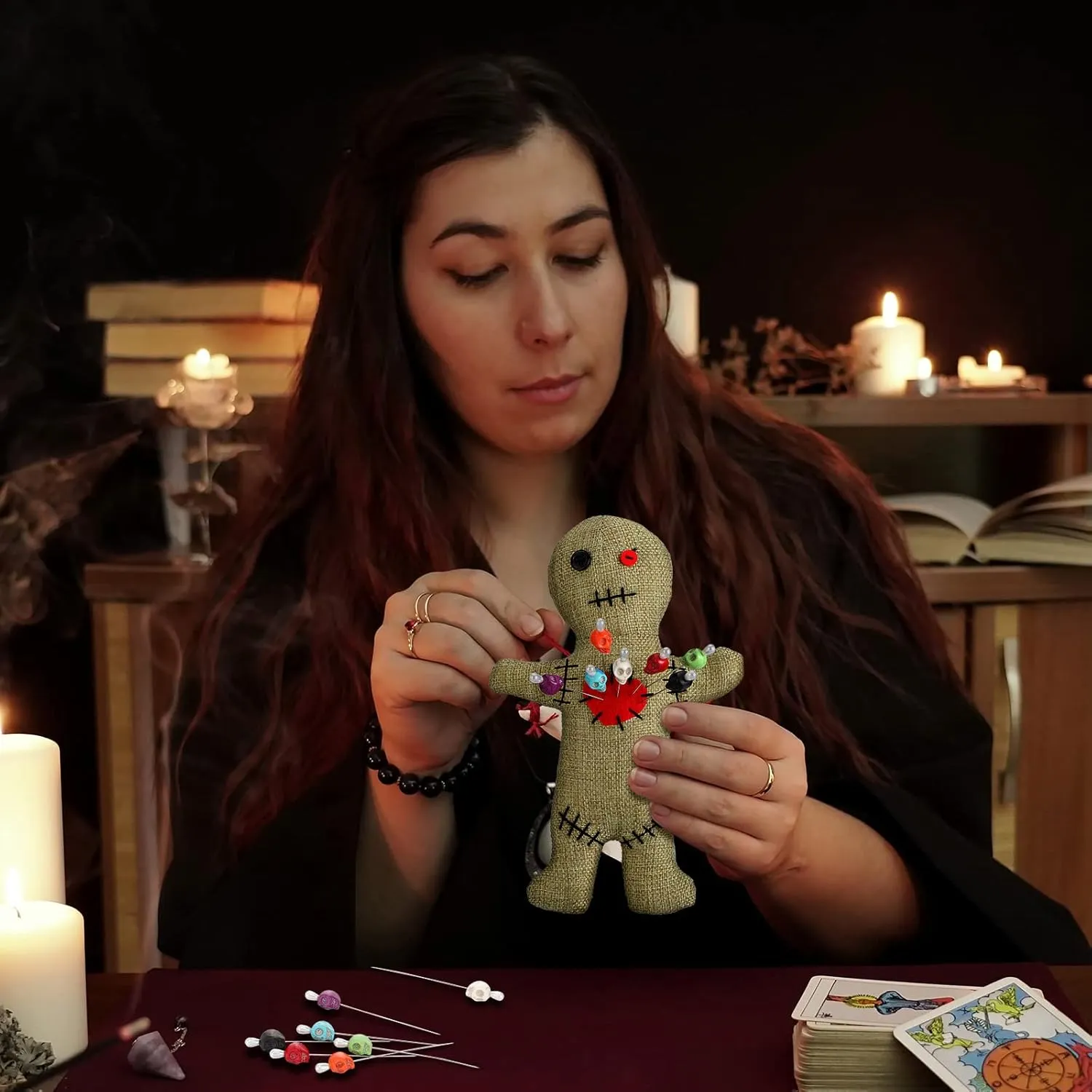 Straight Pins Stress Relieving(Flaxen) Kathfly 8 Pcs Voodoo Doll Set Include Horror Doll, 7 advance freely Pcs Skull Pins Ghost Soft Revenge Dammit Creepy Pin Holder Voodoo Resin Metal 