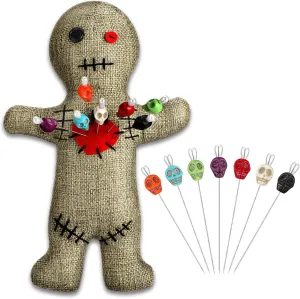 Straight Pins Stress Relieving(Flaxen) Kathfly 8 Pcs Voodoo Doll Set Include Horror Doll, 7 advance freely Pcs Skull Pins Ghost Soft Revenge Dammit Creepy Pin Holder Voodoo Resin Metal 