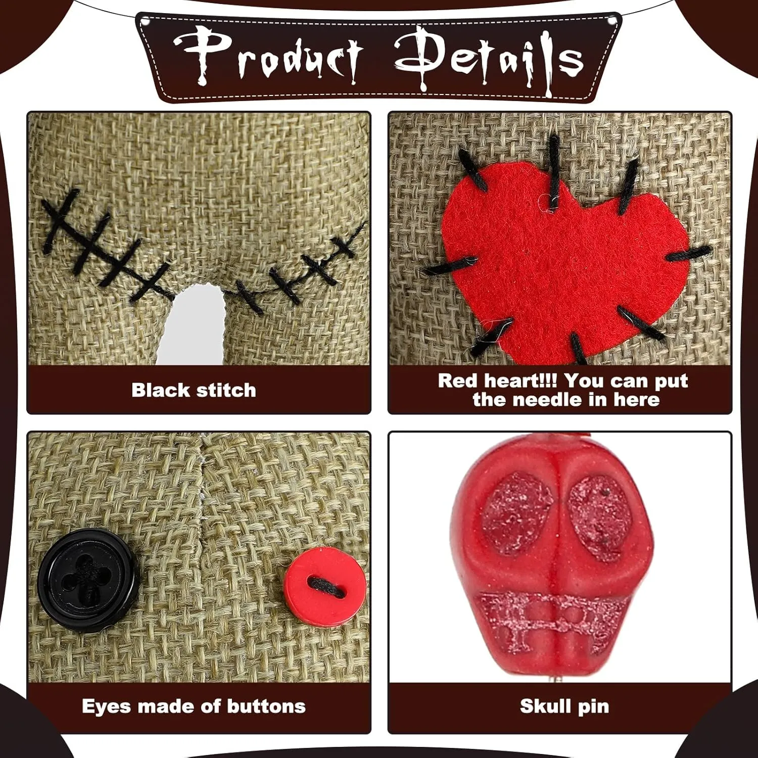 Straight Pins Stress Relieving(Flaxen) Kathfly 8 Pcs Voodoo Doll Set Include Horror Doll, 7 advance freely Pcs Skull Pins Ghost Soft Revenge Dammit Creepy Pin Holder Voodoo Resin Metal 