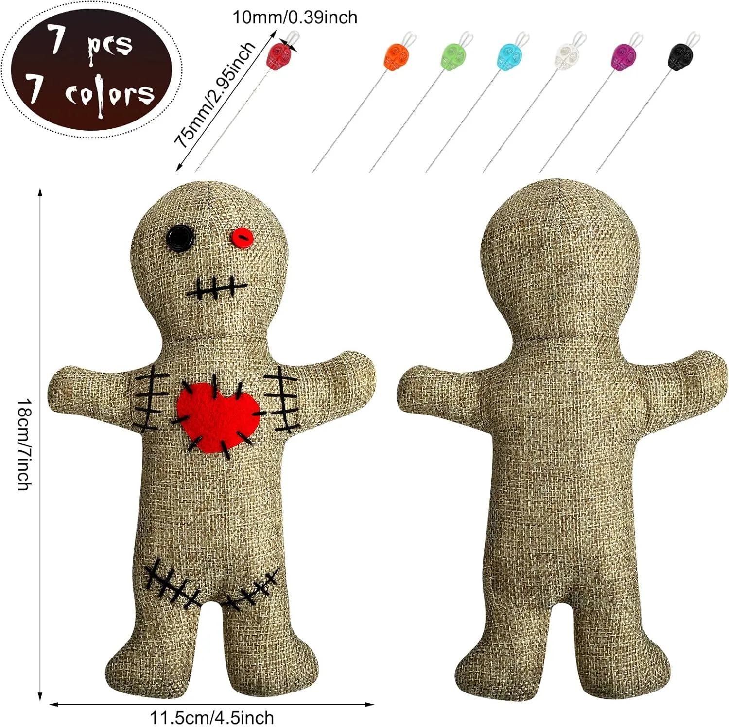 Straight Pins Stress Relieving(Flaxen) Kathfly 8 Pcs Voodoo Doll Set Include Horror Doll, 7 advance freely Pcs Skull Pins Ghost Soft Revenge Dammit Creepy Pin Holder Voodoo Resin Metal 