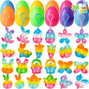 Stress Relief Toy for Basket Stuffers$ Easter Egg Hunt$ Party Favors JOYIN 24 Pcs Prefilled Easter Egg with Mini Pop Fidget memorize administer Bubble Keychain for Kids$ Fidget Sensory 