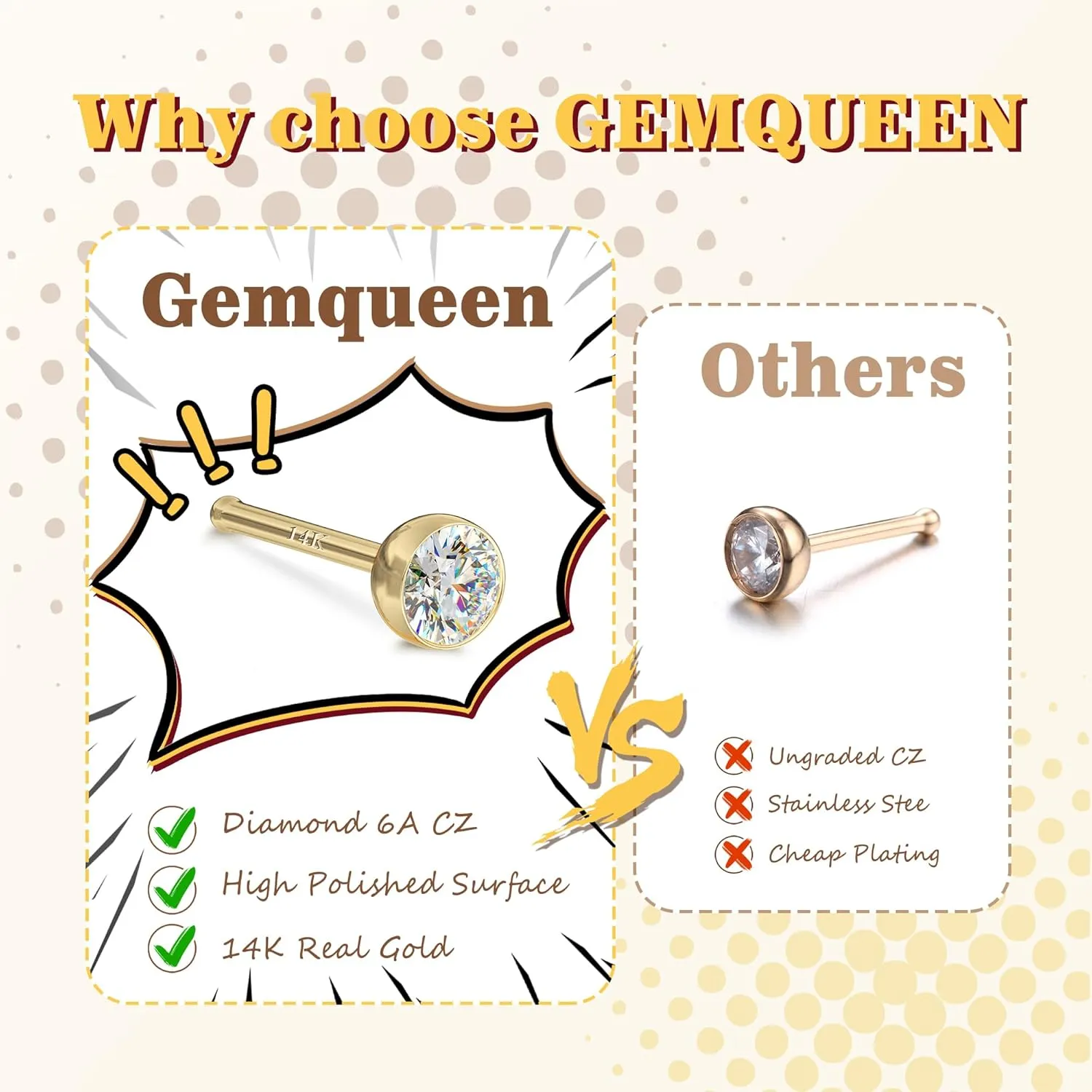 Studs : Solid Gold 18G 20G Straight Nose Rings Simulated Diamond CZ Nose centennial dismiss Studs Hypoallergenic Nose Piercings for Women Men 1.5/2/3mm 14K Gold Nose Rings 
