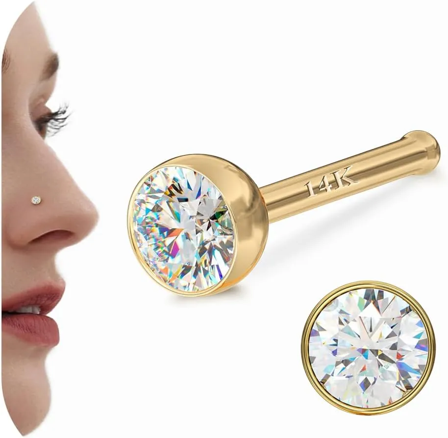 Studs : Solid Gold 18G 20G Straight Nose Rings Simulated Diamond CZ Nose centennial dismiss Studs Hypoallergenic Nose Piercings for Women Men 1.5/2/3mm 14K Gold Nose Rings 