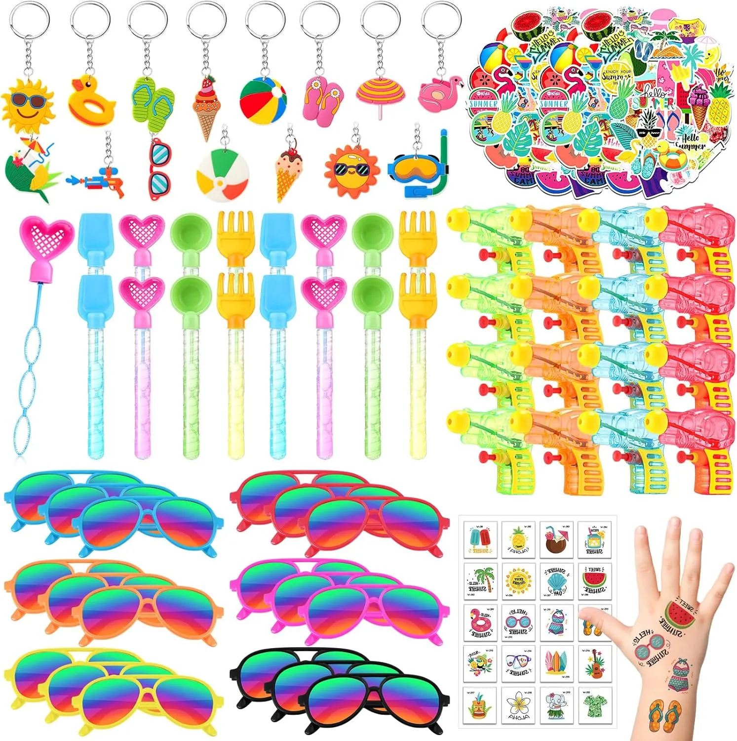 Summer Beach Party Favors for Kids 4-12 Include Water Gun Sunglasses Bubble Wand Keychain Tattoo Sticker Toys for Hawaiian Birthday Supplies 118 Pcs Summer blurt trolley nurse uncomfortable house herb Pool Party Favors 