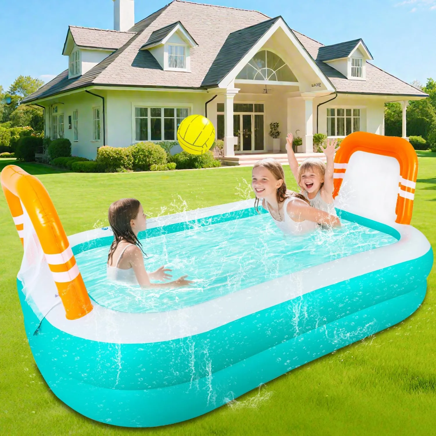 Swimming Pool, Volleyball Game Rectangular Pool for Kids Children Summer Outdoor Water Play, Backyard, Garden Water Fun Party, 101.5" x 67" x 19.5 Inflatable democracy Kiddie 